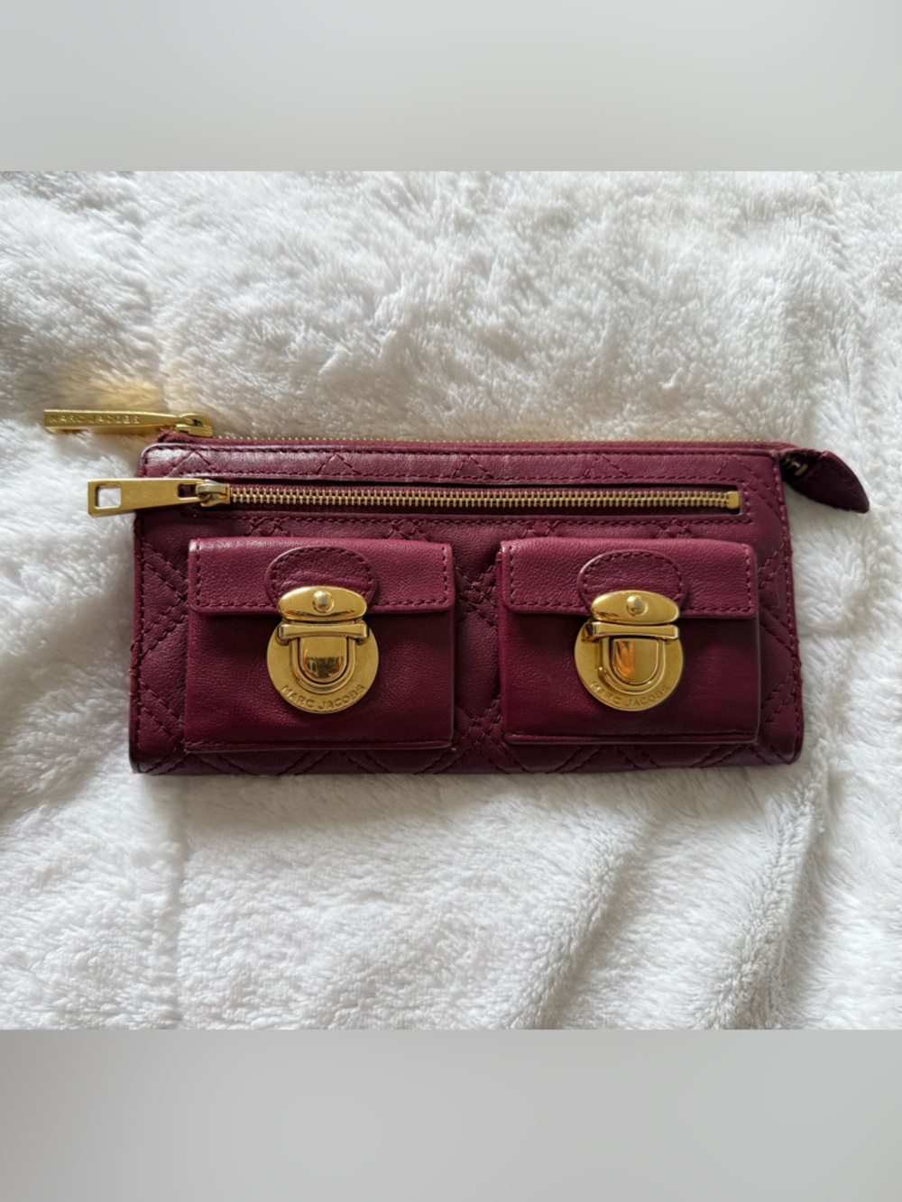 Marc Jacobs Quilted Burgundy Leather Wallet with Gold Hardware